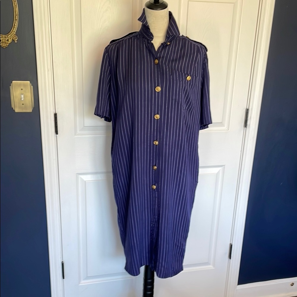 Vintage Tareti Howard Levi Navy White Striped Short Sleeve Shirt Dress